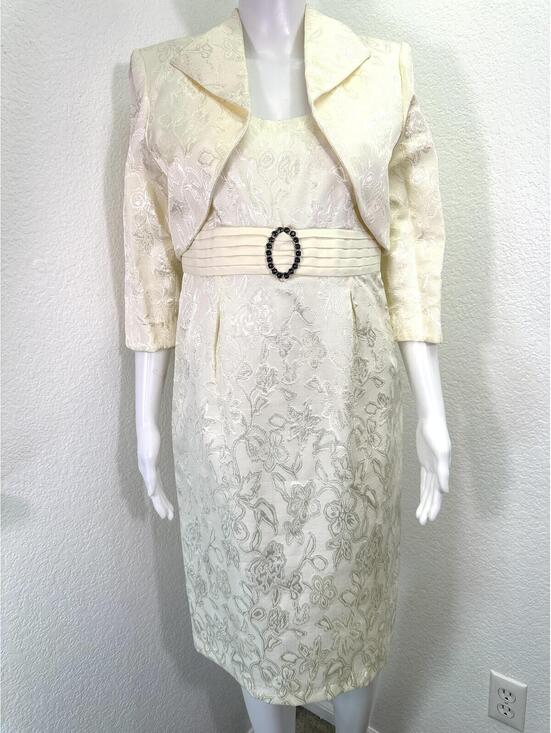 Jackets & Blazers - Sz 8P R&M Richards Ivory Satin Jacquard Sleeveless Dress Midi + Bolero Jacket